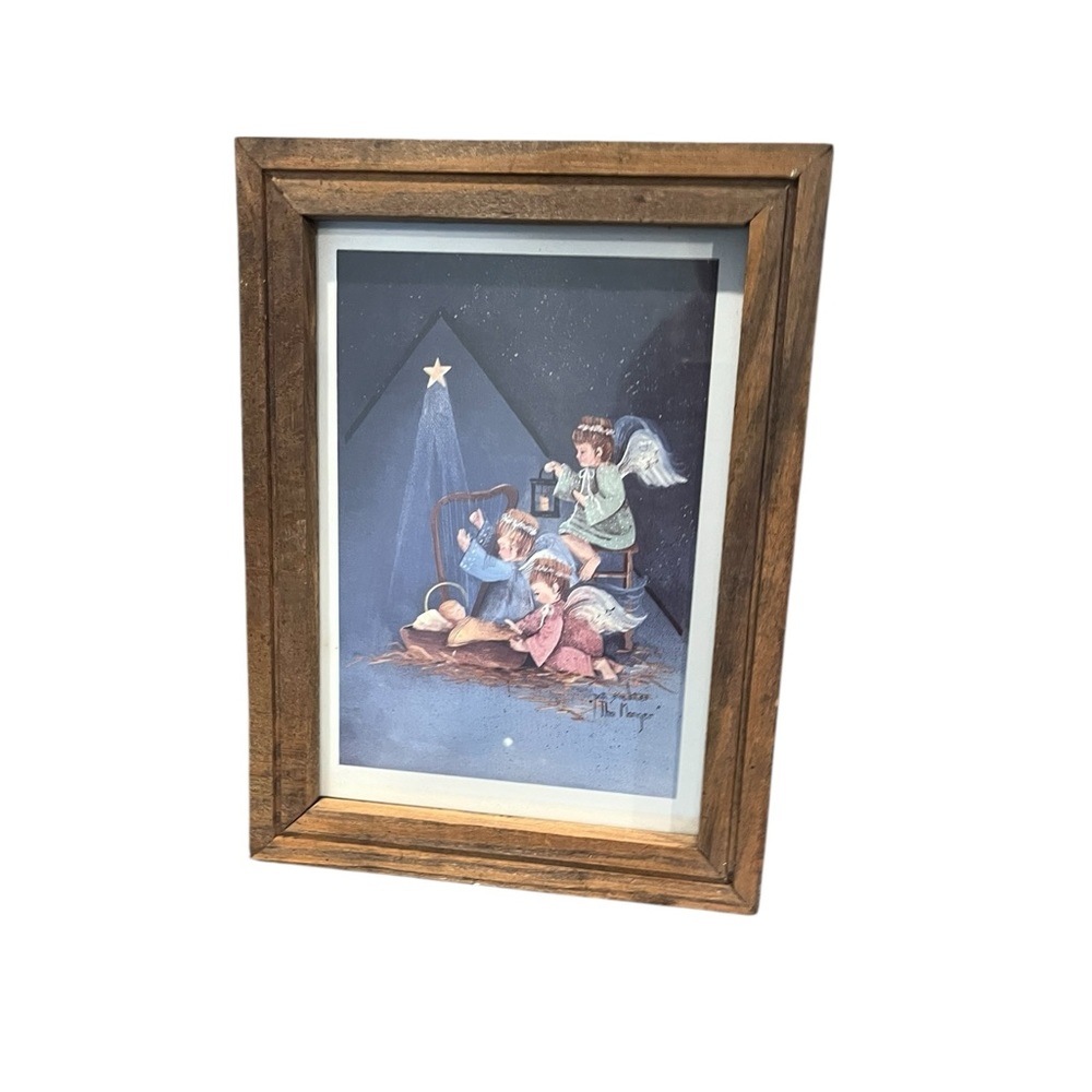 Vintage Pat Richter “The Manger” Wood Framed Print Wall Decor Angels Nativity